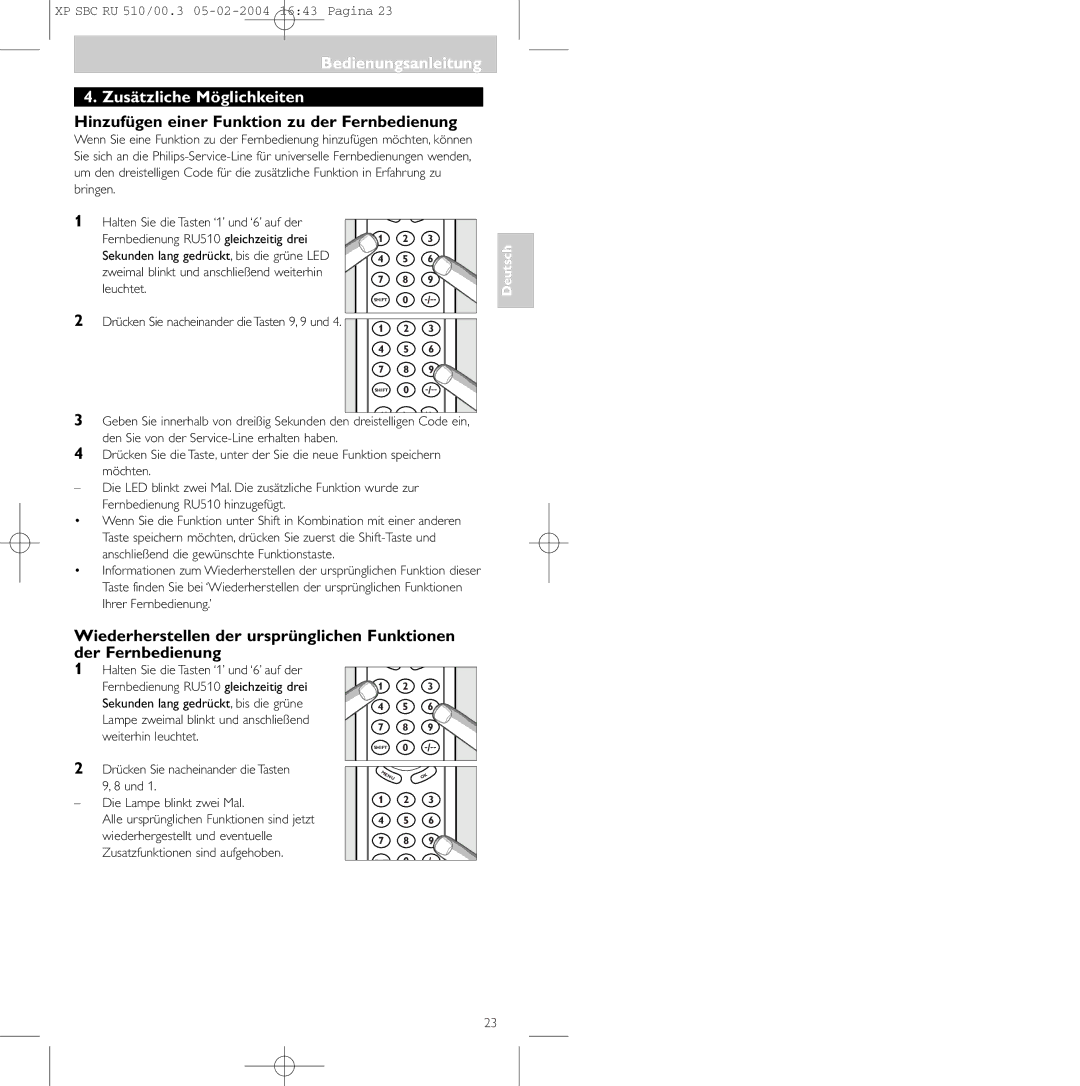 Philips SBC RU 510/00U manual Bedienungsanleitung Zusätzliche Möglichkeiten, Hinzufügen einer Funktion zu der Fernbedienung 