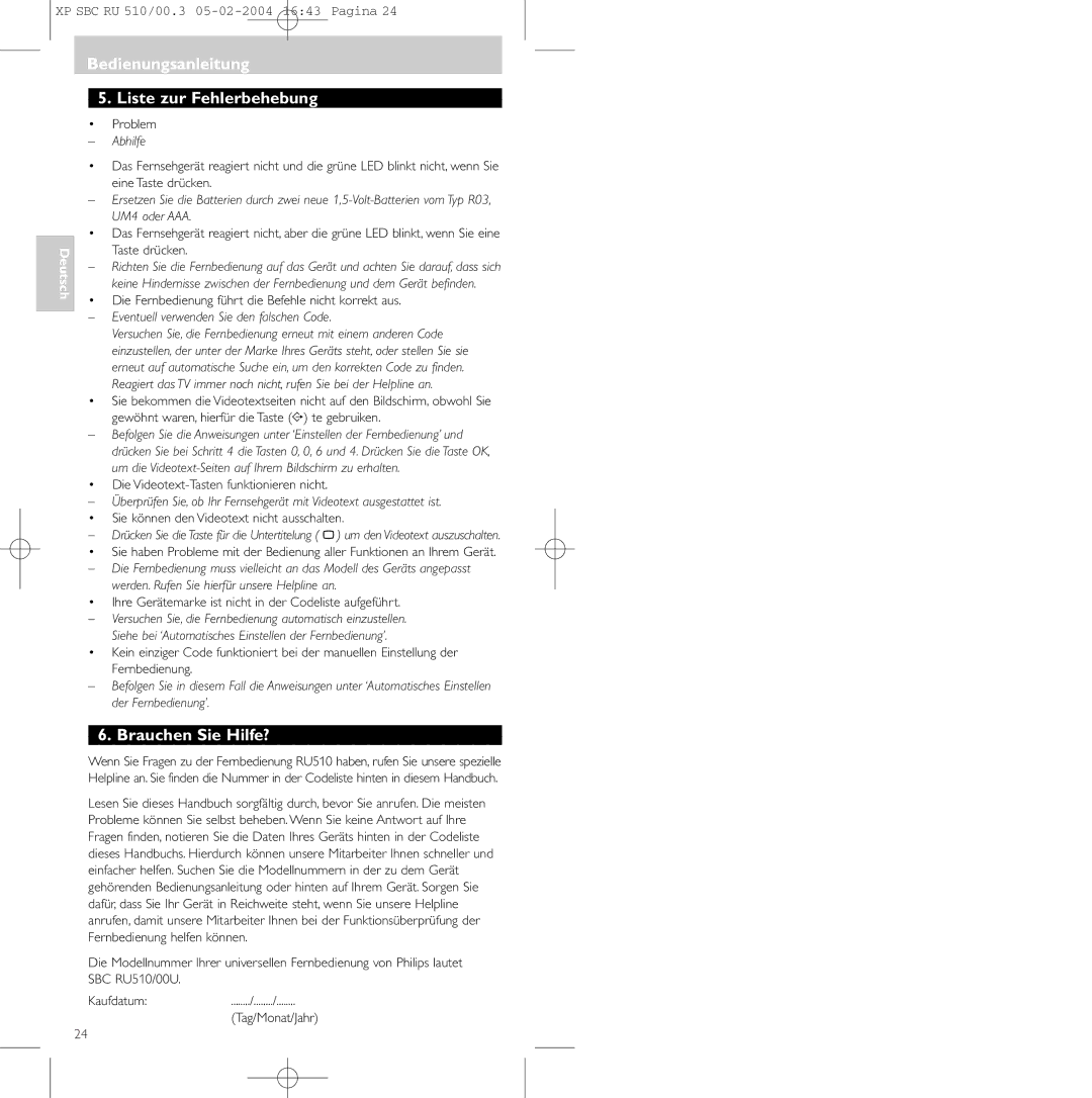 Philips SBC RU 510/00U manual Bedienungsanleitung Liste zur Fehlerbehebung, Brauchen Sie Hilfe? 