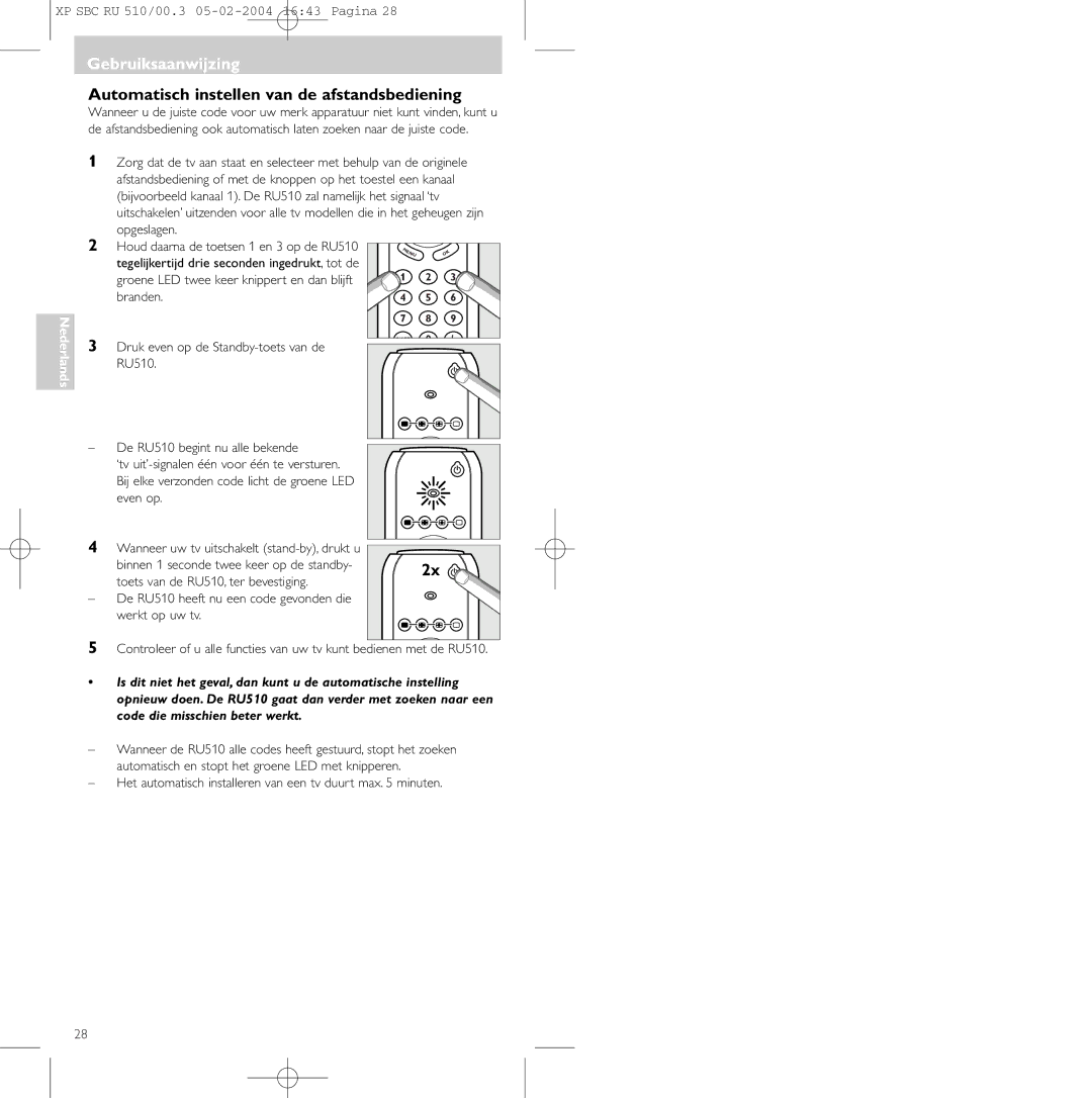 Philips SBC RU 510/00U manual Automatisch instellen van de afstandsbediening 