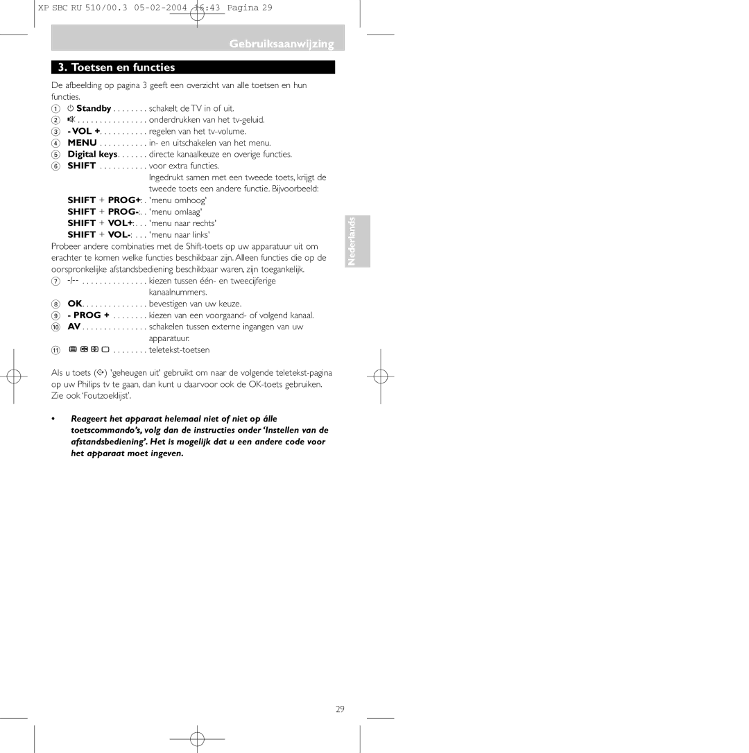 Philips SBC RU 510/00U manual Gebruiksaanwijzing Toetsen en functies 