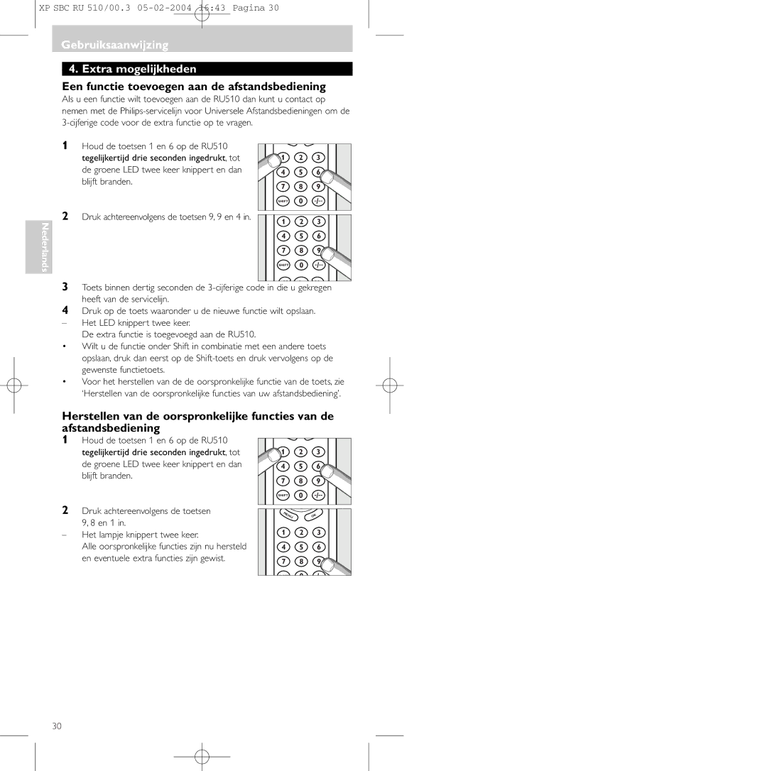 Philips SBC RU 510/00U manual Gebruiksaanwijzing Extra mogelijkheden, Een functie toevoegen aan de afstandsbediening 