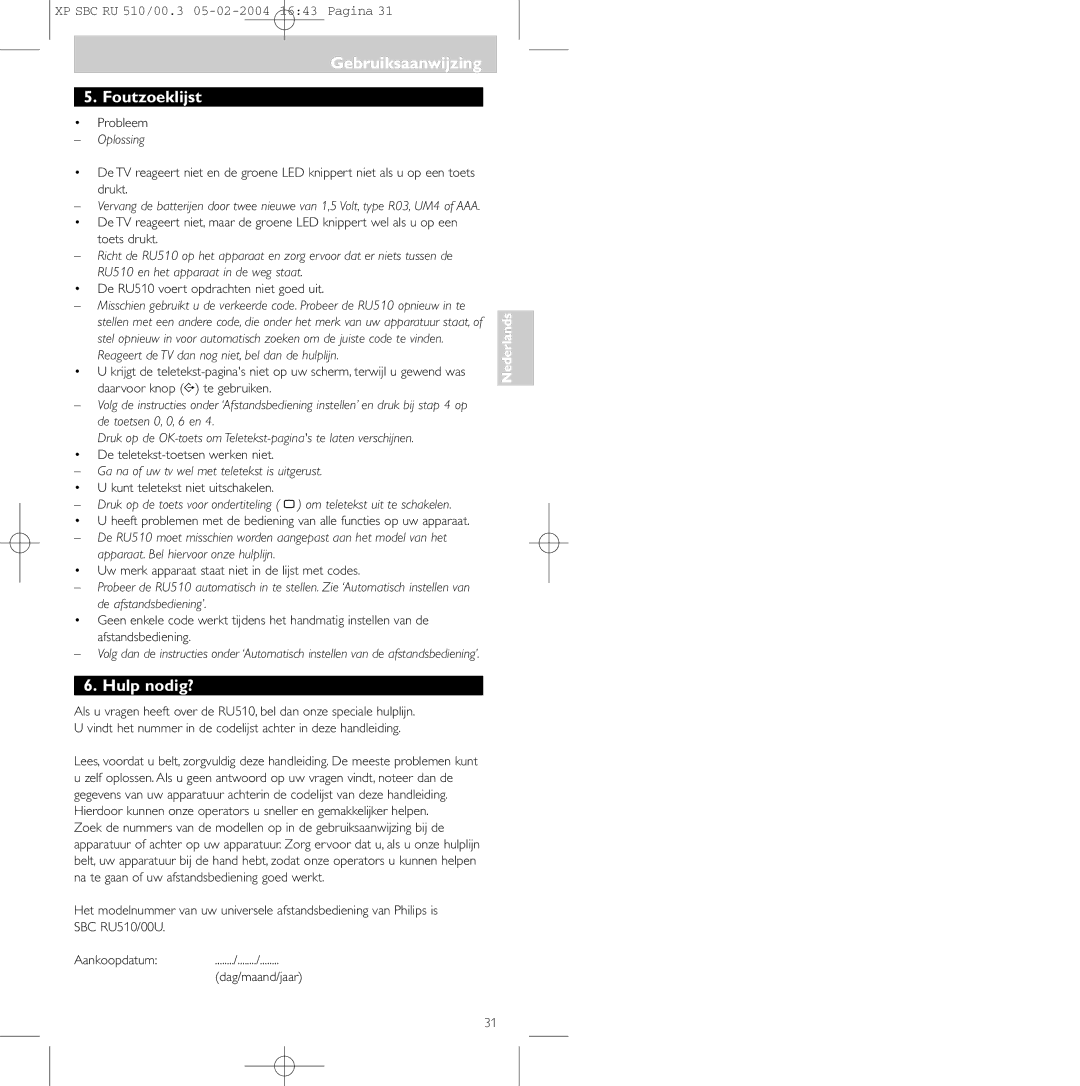 Philips SBC RU 510/00U manual Gebruiksaanwijzing Foutzoeklijst, Hulp nodig? 