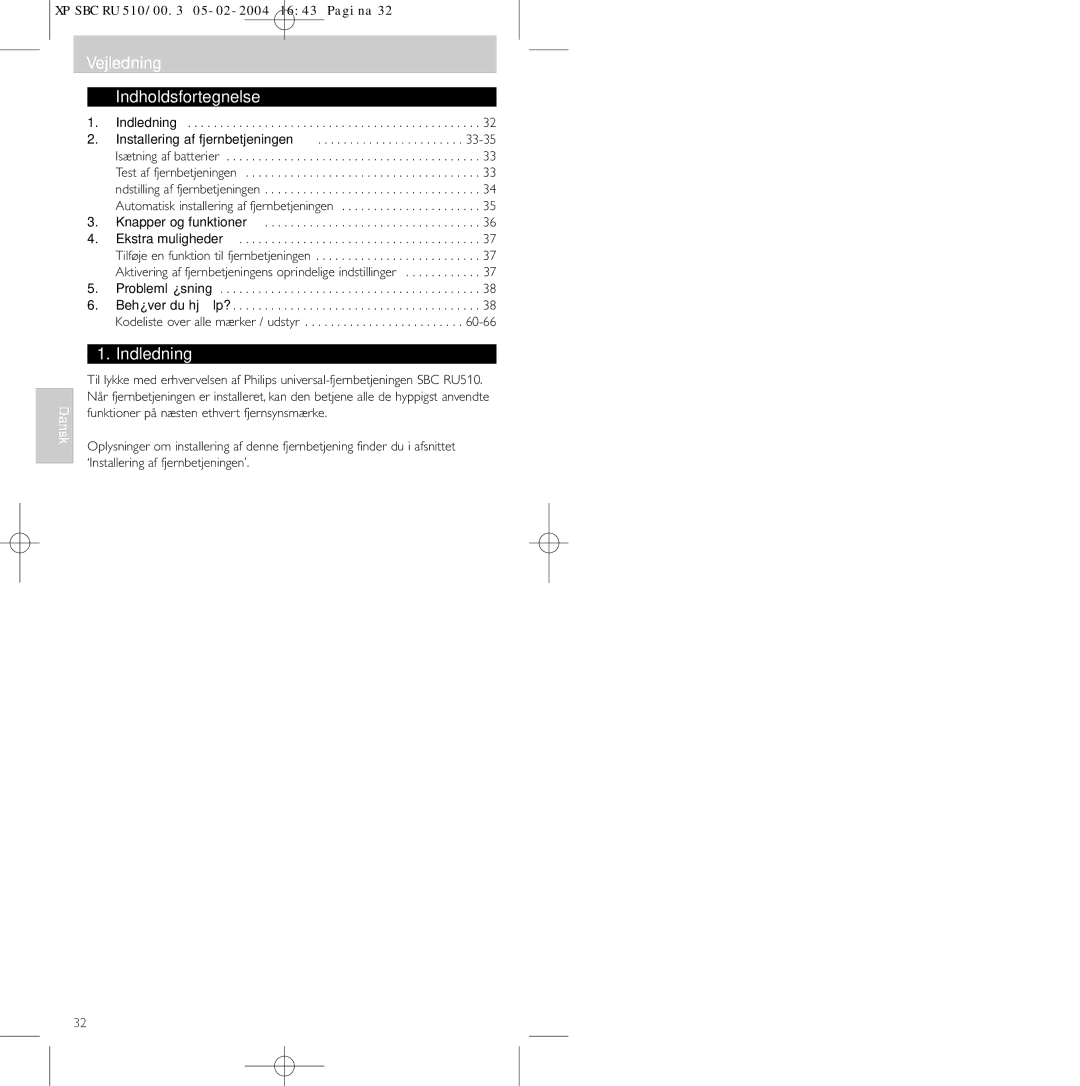 Philips SBC RU 510/00U manual Vejledning Indholdsfortegnelse, Indledning 