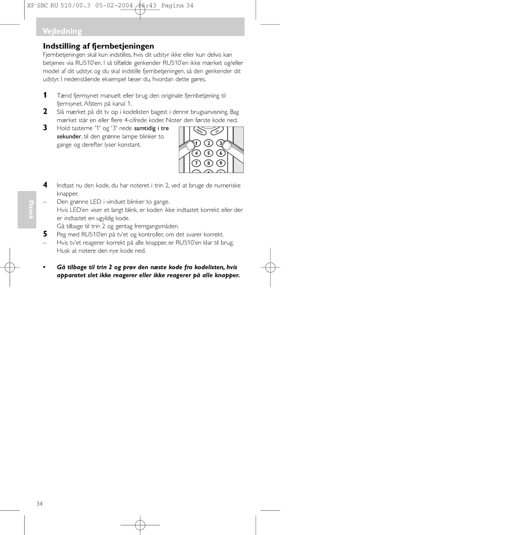 Philips SBC RU 510/00U manual Vejledning, Indstilling af fjernbetjeningen 