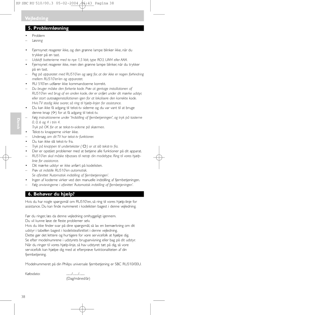 Philips SBC RU 510/00U manual Vejledning Problemløsning, Behøver du hjælp? 