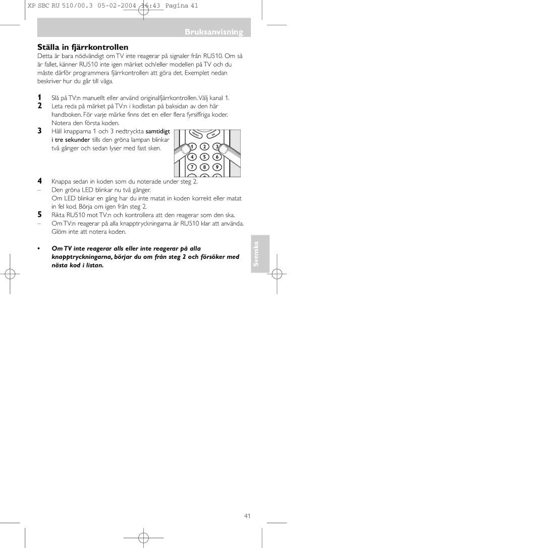 Philips SBC RU 510/00U manual Bruksanvisning, Ställa in fjärrkontrollen 