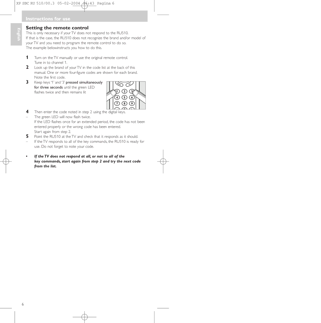 Philips SBC RU 510/00U manual Instructions for use, Setting the remote control 