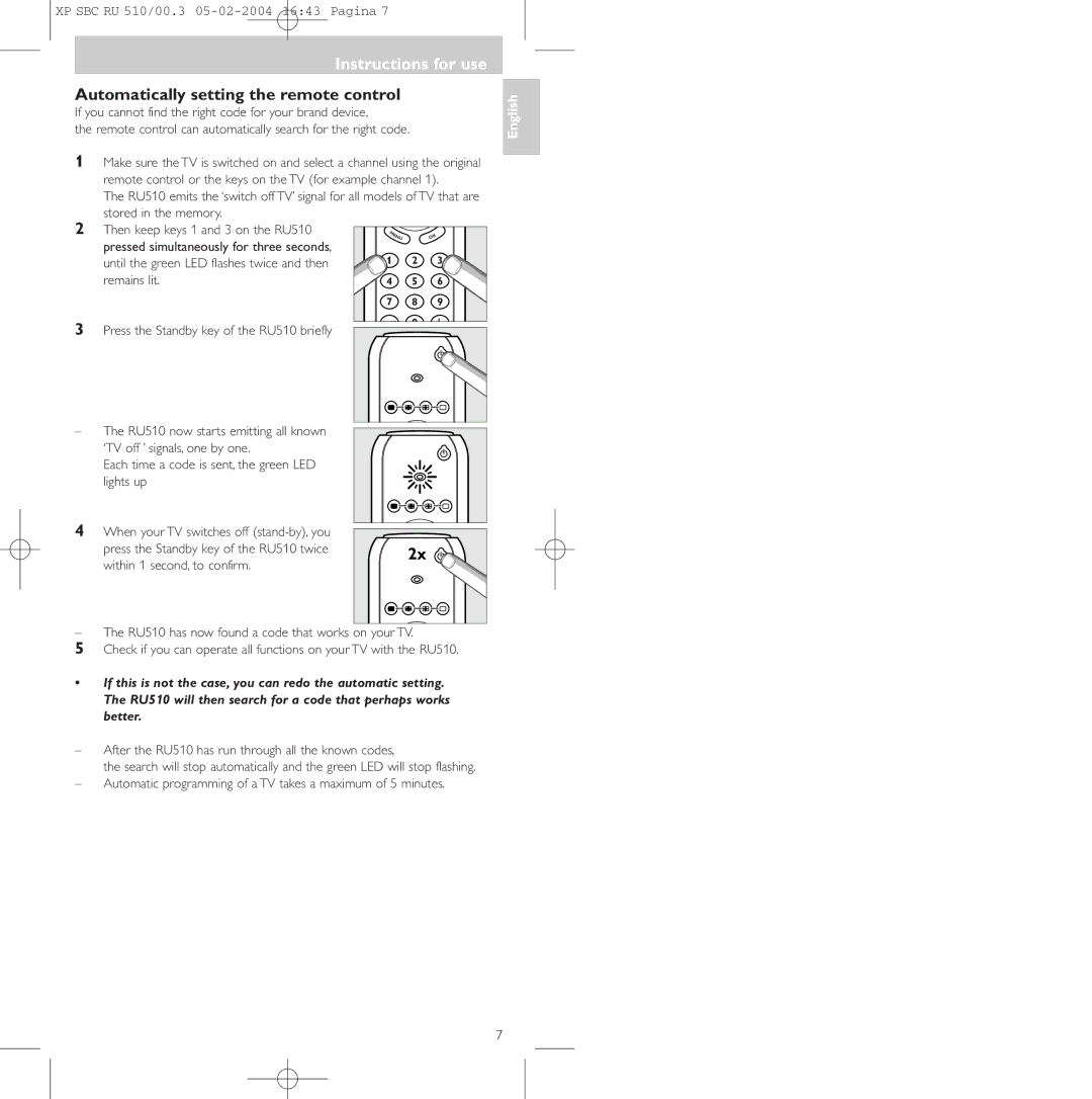 Philips SBC RU 510/00U manual Automatically setting the remote control, Then keep keys 1 and 3 on the RU510 