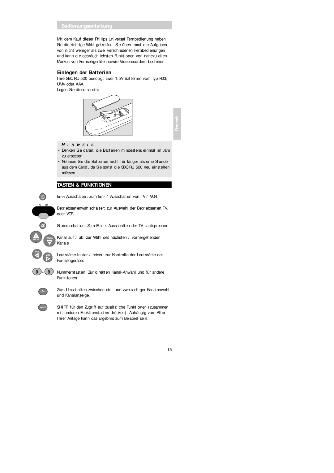 Philips SBC RU 520 manual Bedienungsanleitung, Einlegen der Batterien, Tasten & Funktionen 