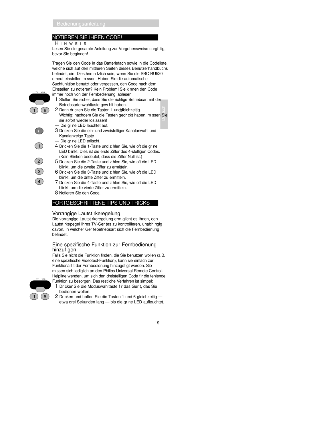 Philips SBC RU 520 manual Notieren SIE Ihren Code, Fortgeschrittene Tips UND Tricks, Vorrangige Lautstärkeregelung 