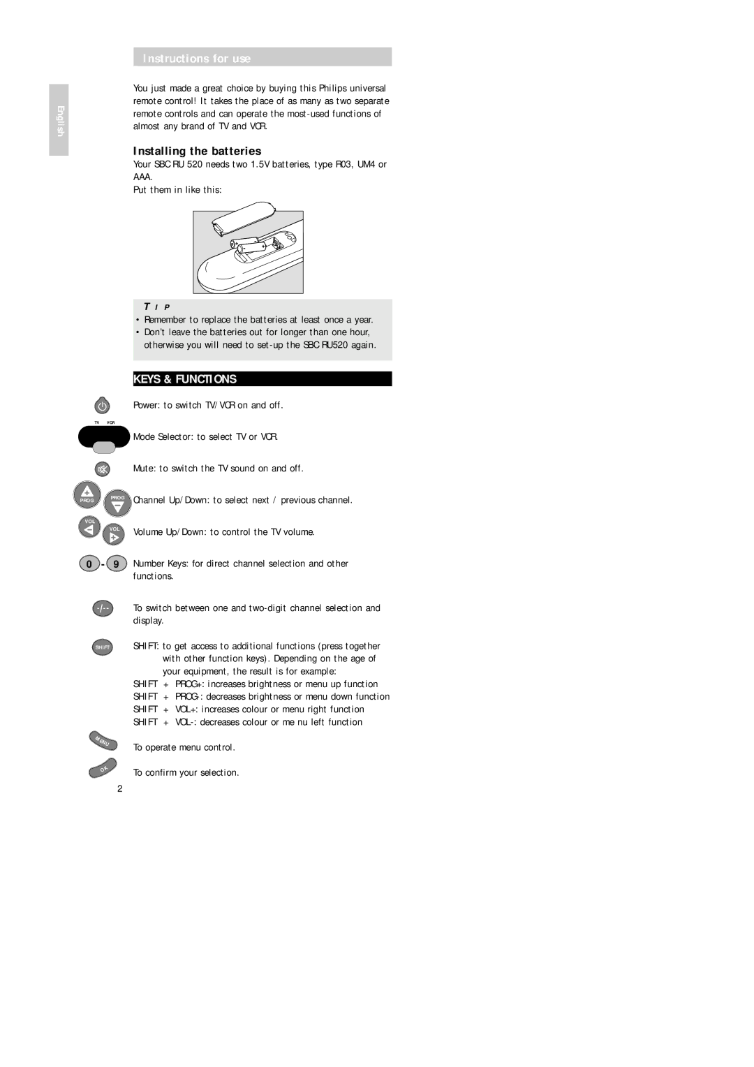 Philips SBC RU 520 manual Instructions for use, Installing the batteries, Keys & Functions 