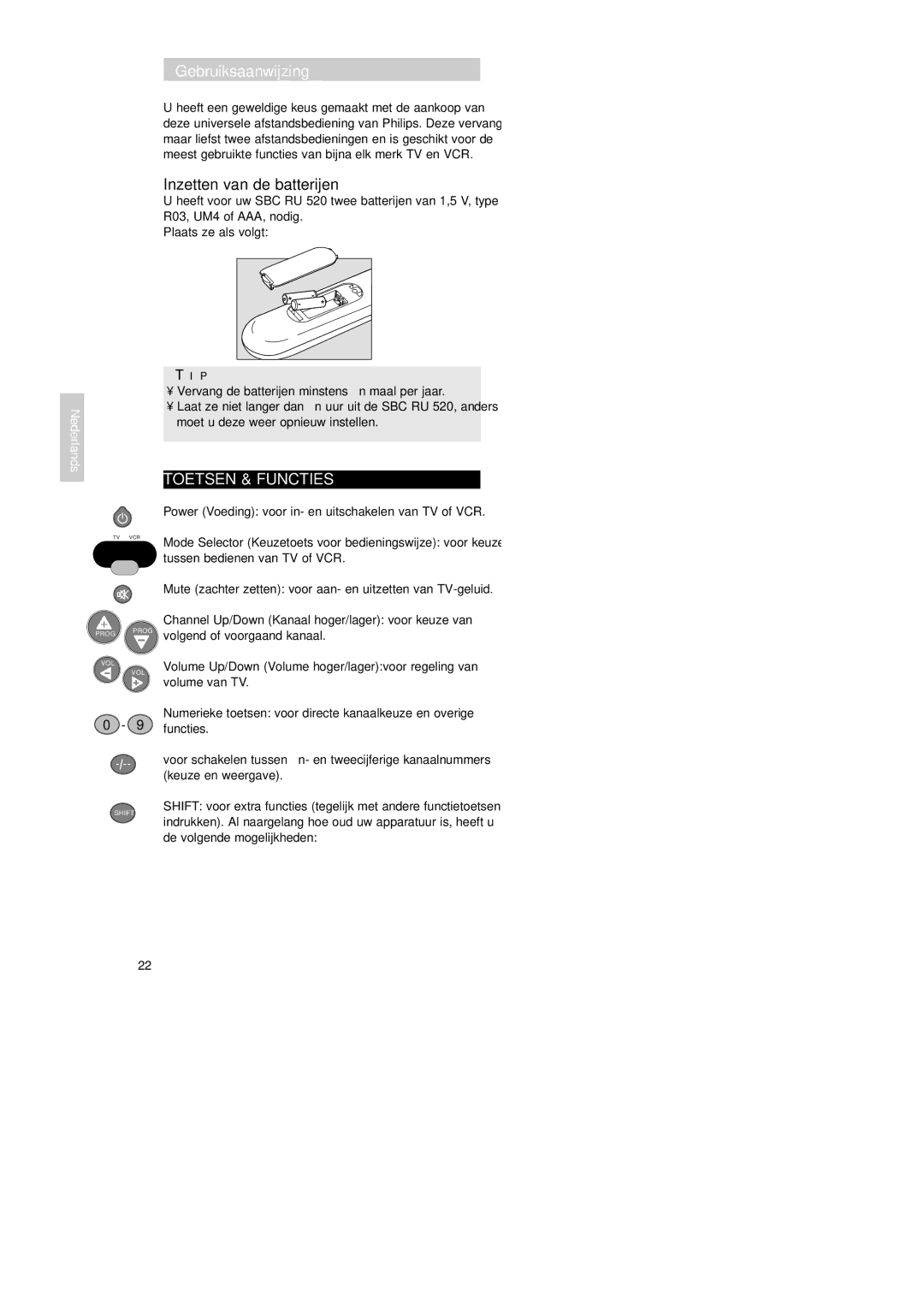 Philips SBC RU 520 manual Gebruiksaanwijzing, Inzetten van de batterijen, Toetsen & Functies 