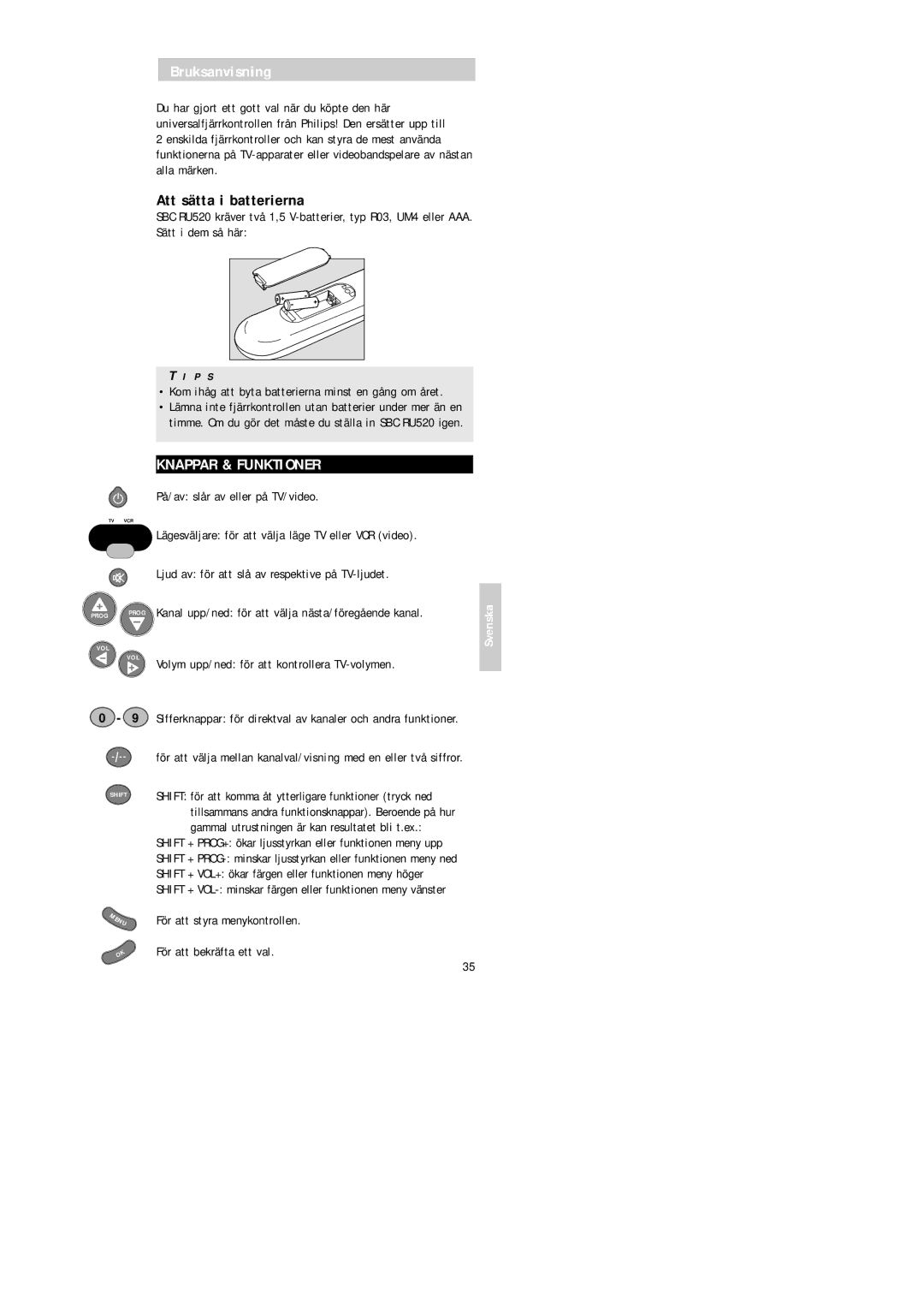 Philips SBC RU 520 manual Bruksanvisning, Att sätta i batterierna, Knappar & Funktioner 