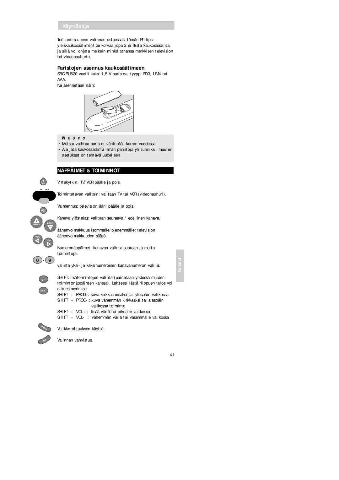 Philips SBC RU 520 manual Käyttöohje, Paristojen asennus kaukosäätimeen, Näppäimet & Toiminnot 