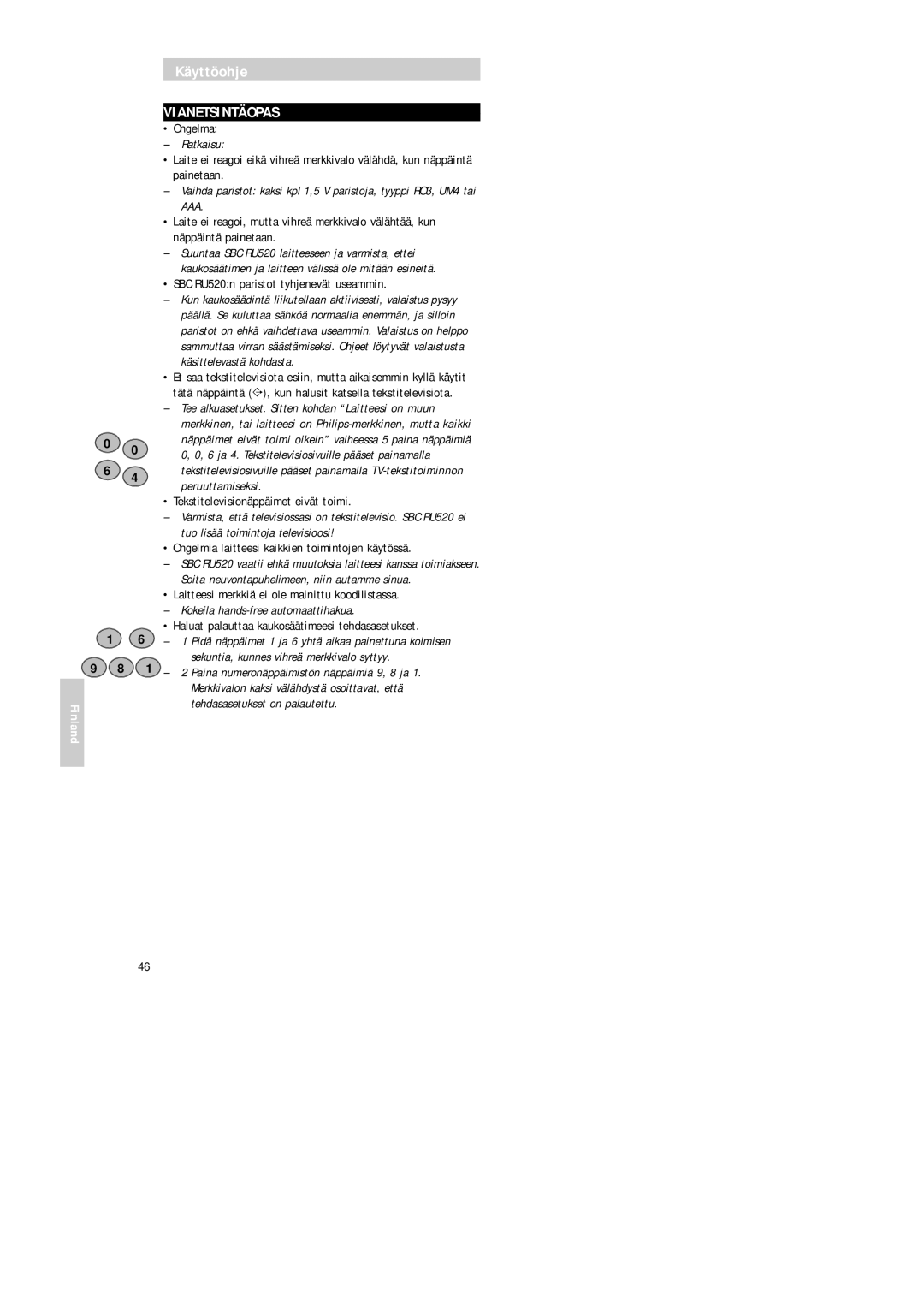 Philips SBC RU 520 manual Vianetsintäopas 