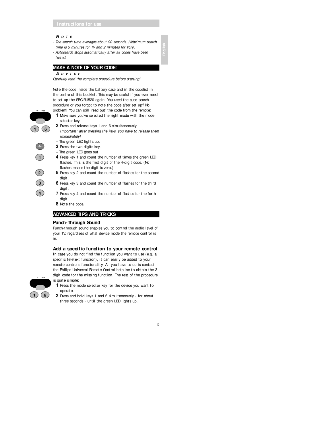 Philips SBC RU 520 manual Make a Note of Your Code, Advanced Tips and Tricks, Punch-Through Sound 