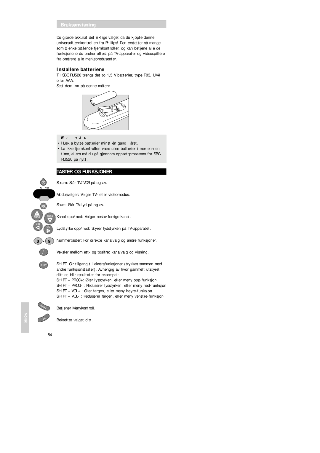 Philips SBC RU 520 manual Installere batteriene, Taster OG Funksjoner 