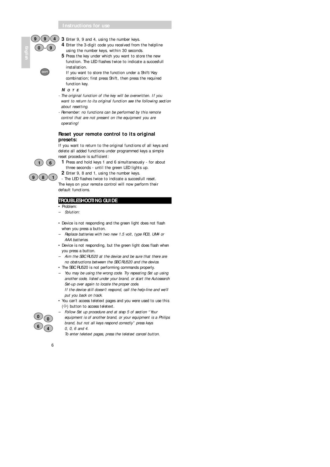 Philips SBC RU 520 manual Reset your remote control to its original presets, Troubleshooting Guide, Solution 