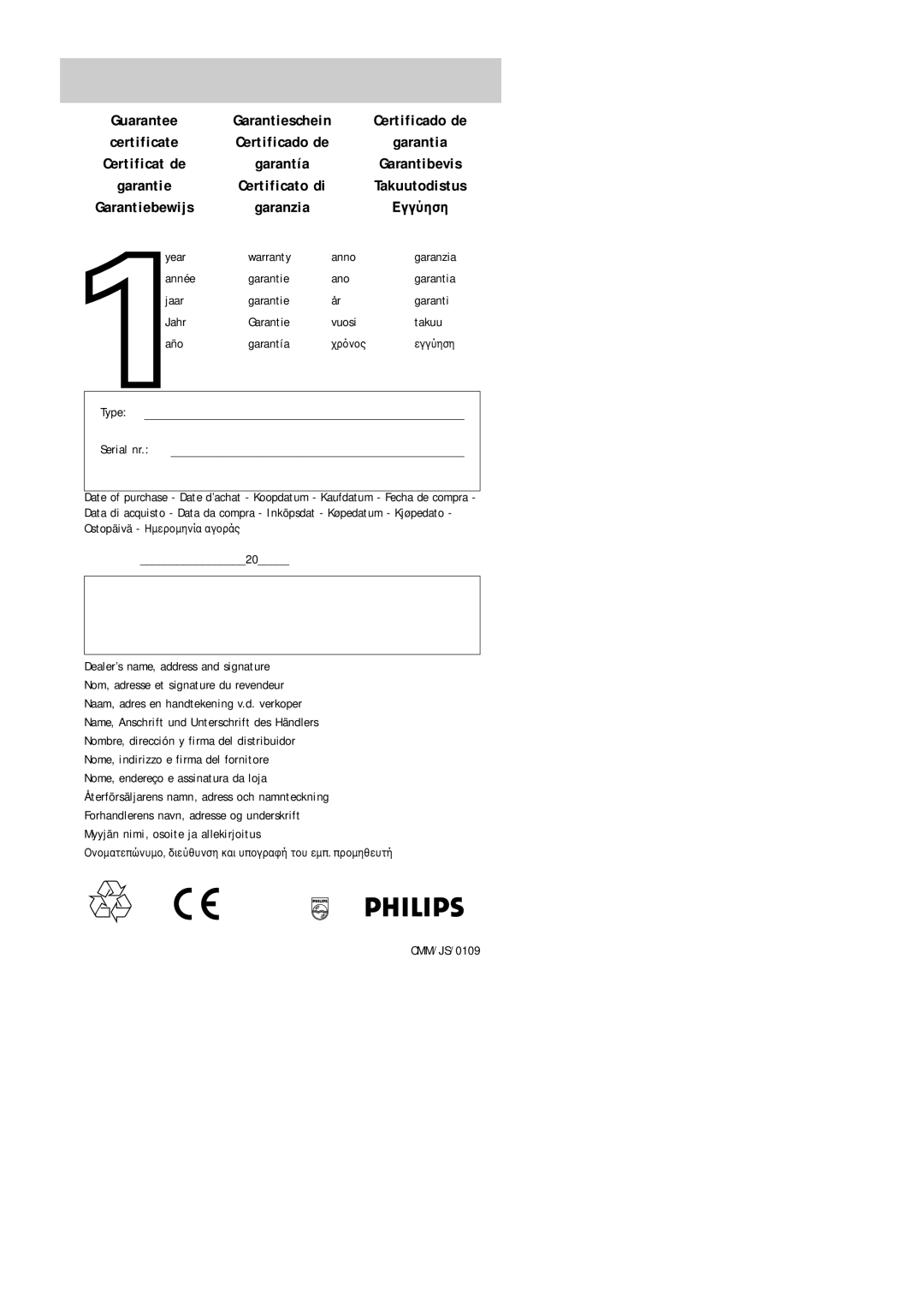 Philips SBC RU 520 manual Garantie Certificato di, CMM/JS/0109 