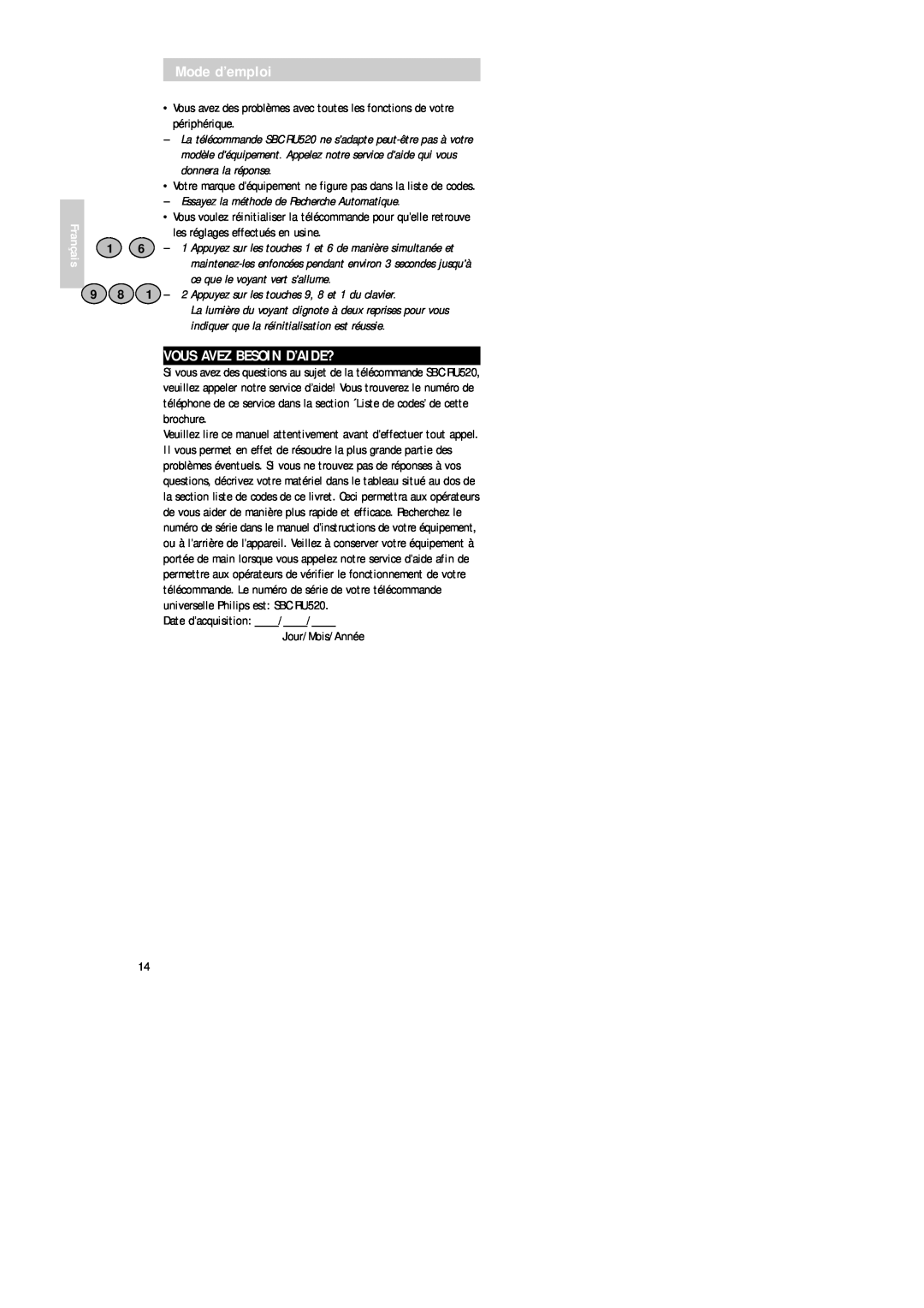 Philips SBC RU 520 manual Vous Avez Besoin D’Aide?, Mode d’emploi, Français, Date d’acquisition Jour/Mois/Année 