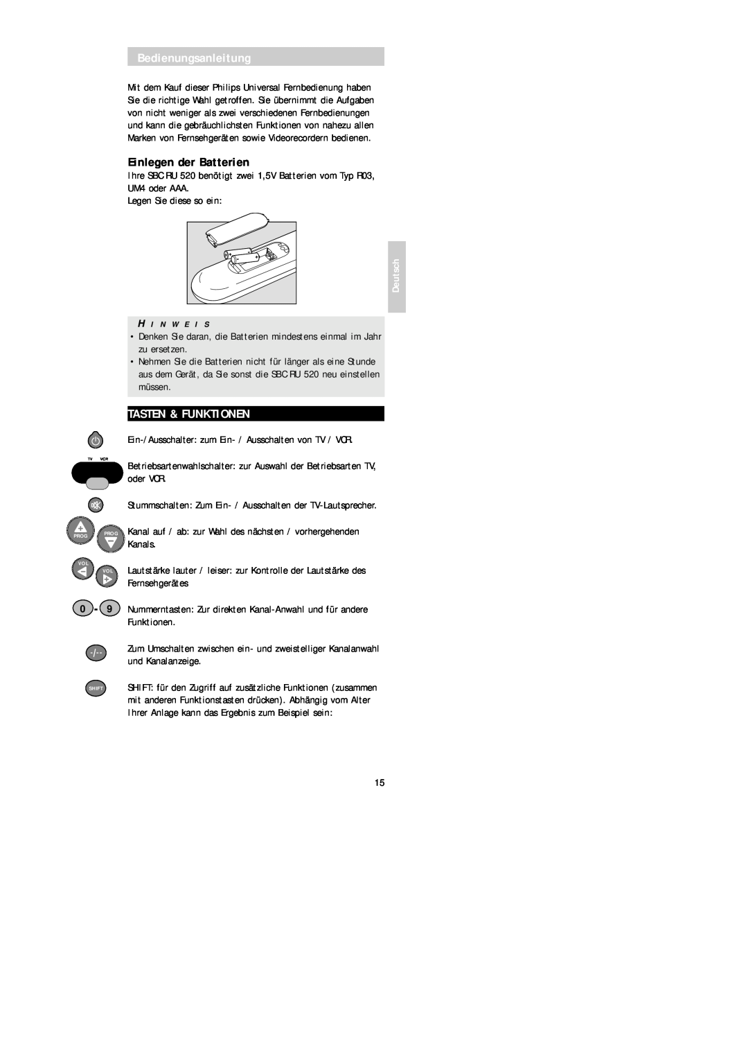 Philips SBC RU 520 manual Bedienungsanleitung, Einlegen der Batterien, Tasten & Funktionen, Deutsch 