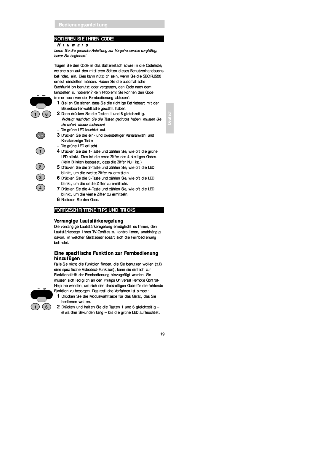 Philips SBC RU 520 manual Bedienungsanleitung NOTIEREN SIE IHREN CODE, Fortgeschrittene Tips Und Tricks, Deutsch 
