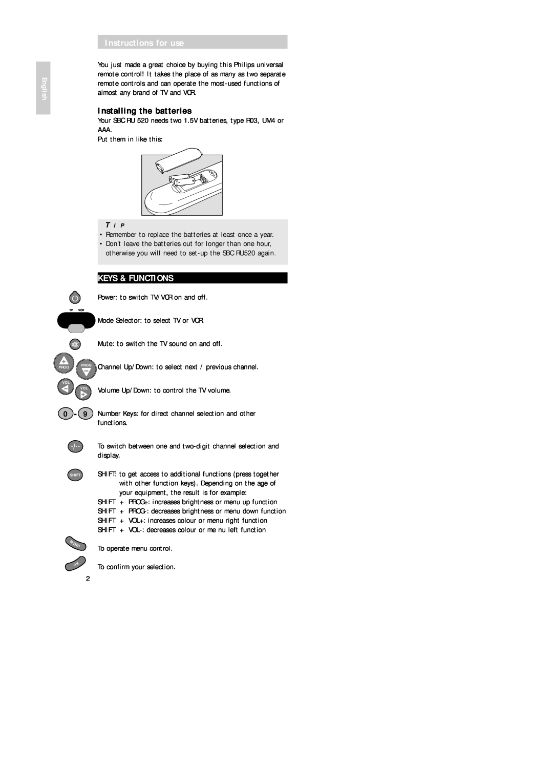 Philips SBC RU 520 manual Instructions for use, Installing the batteries, Keys & Functions, English 