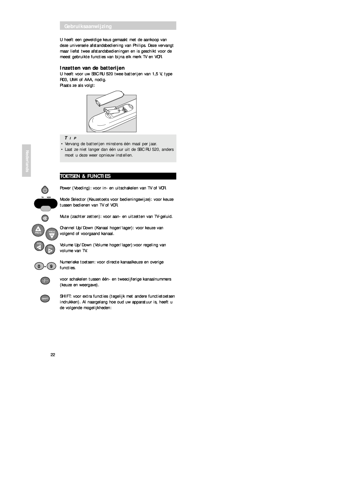 Philips SBC RU 520 manual Gebruiksaanwijzing, Inzetten van de batterijen, Toetsen & Functies 
