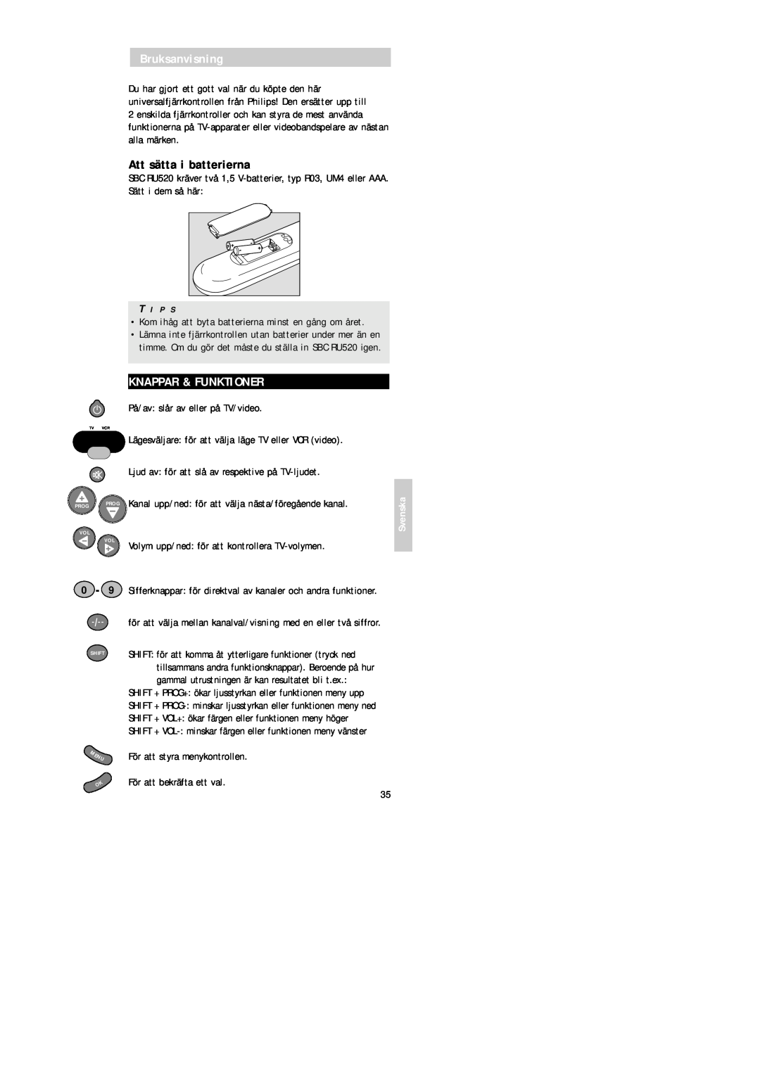 Philips SBC RU 520 manual Bruksanvisning, Att sätta i batterierna, Knappar & Funktioner, Svenska, För att bekräfta ett val 