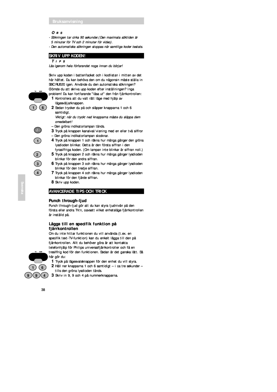 Philips SBC RU 520 manual Skriv Upp Koden, Avancerade Tips Och Trick, Punch through-ljud, Bruksanvisning, Svenska 