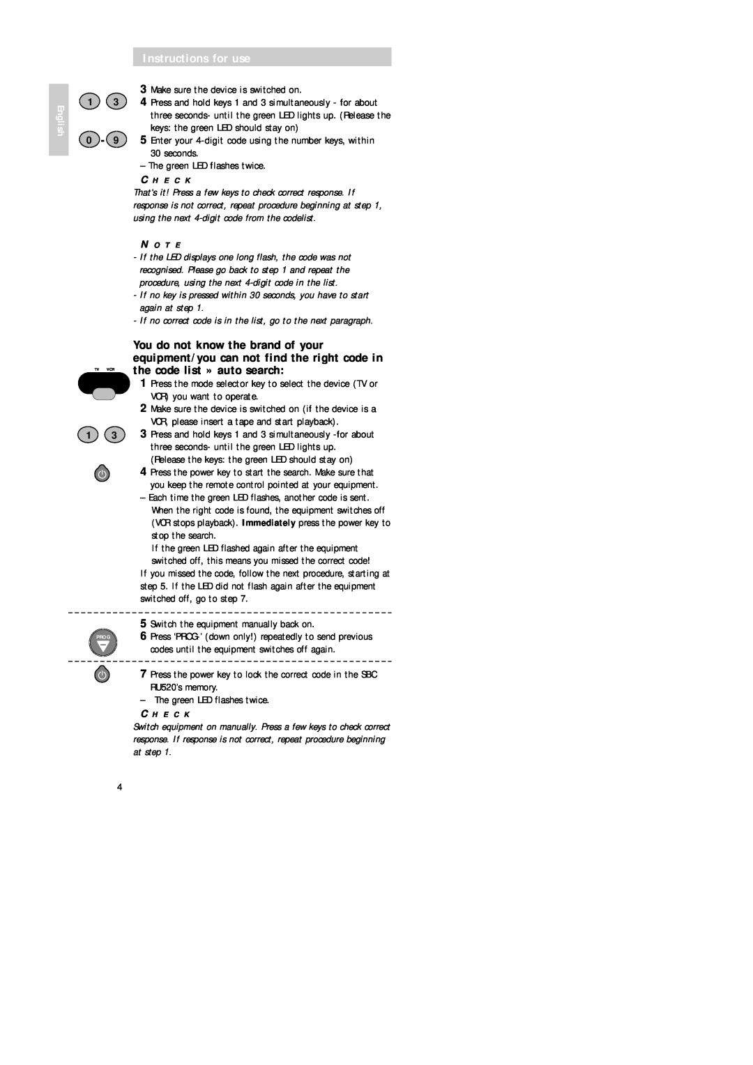 Philips SBC RU 520 manual Instructions for use, English, If no correct code is in the list, go to the next paragraph 