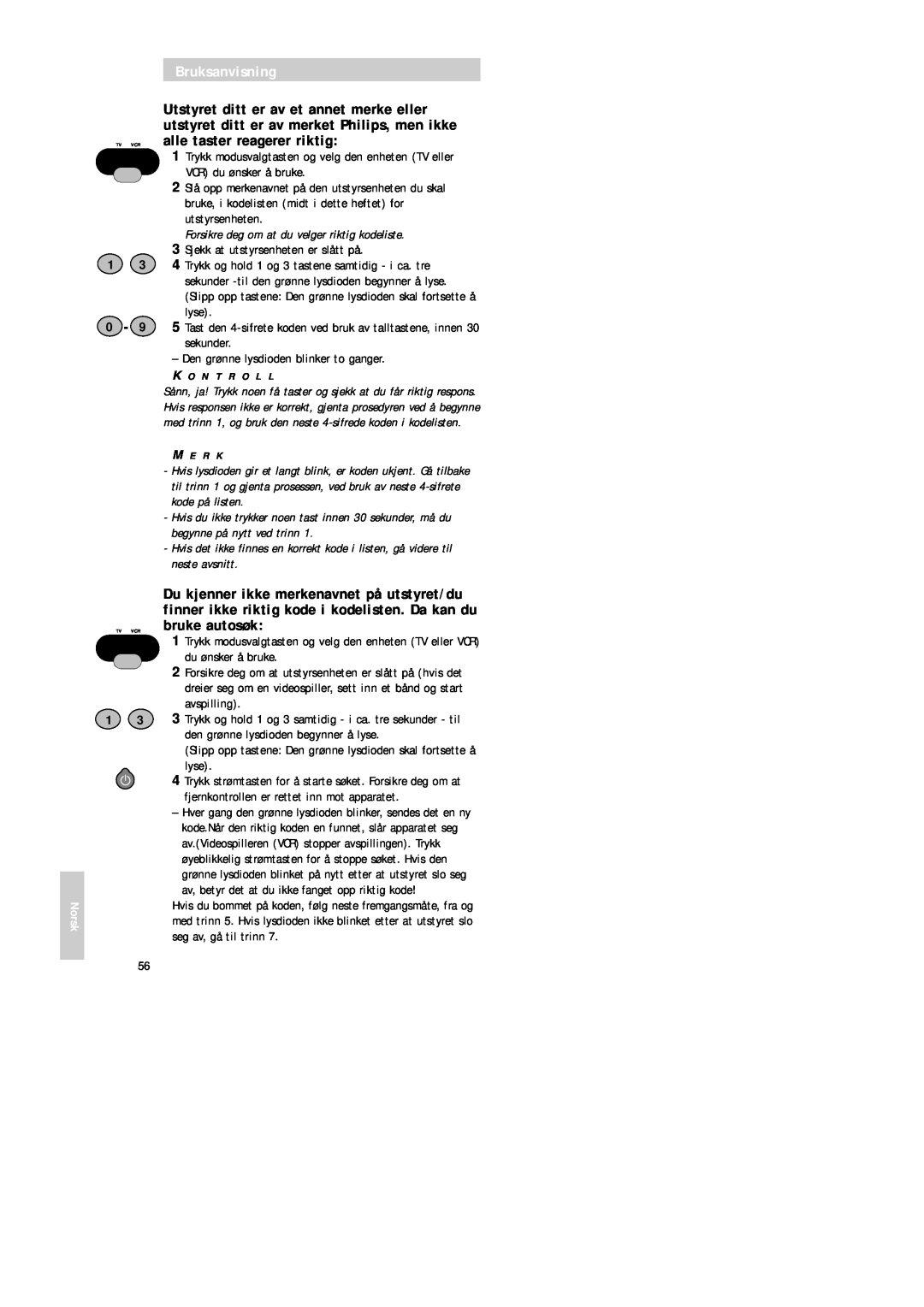 Philips SBC RU 520 manual Bruksanvisning, Forsikre deg om at du velger riktig kodeliste 