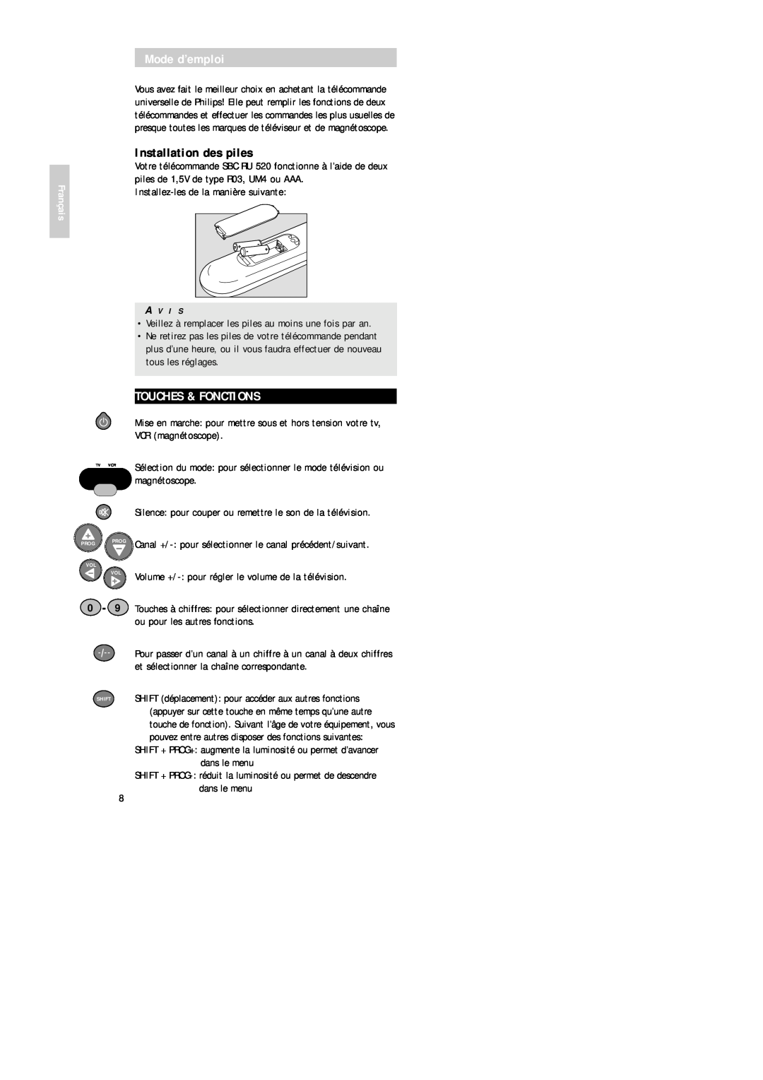 Philips SBC RU 520 manual Mode d’emploi, Installation des piles, Touches & Fonctions, Français, magnétoscope 