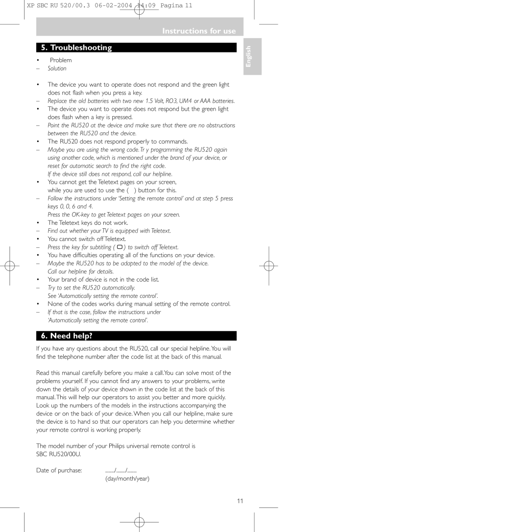 Philips SBC RU 520/00U manual Instructions for use Troubleshooting, Need help? 