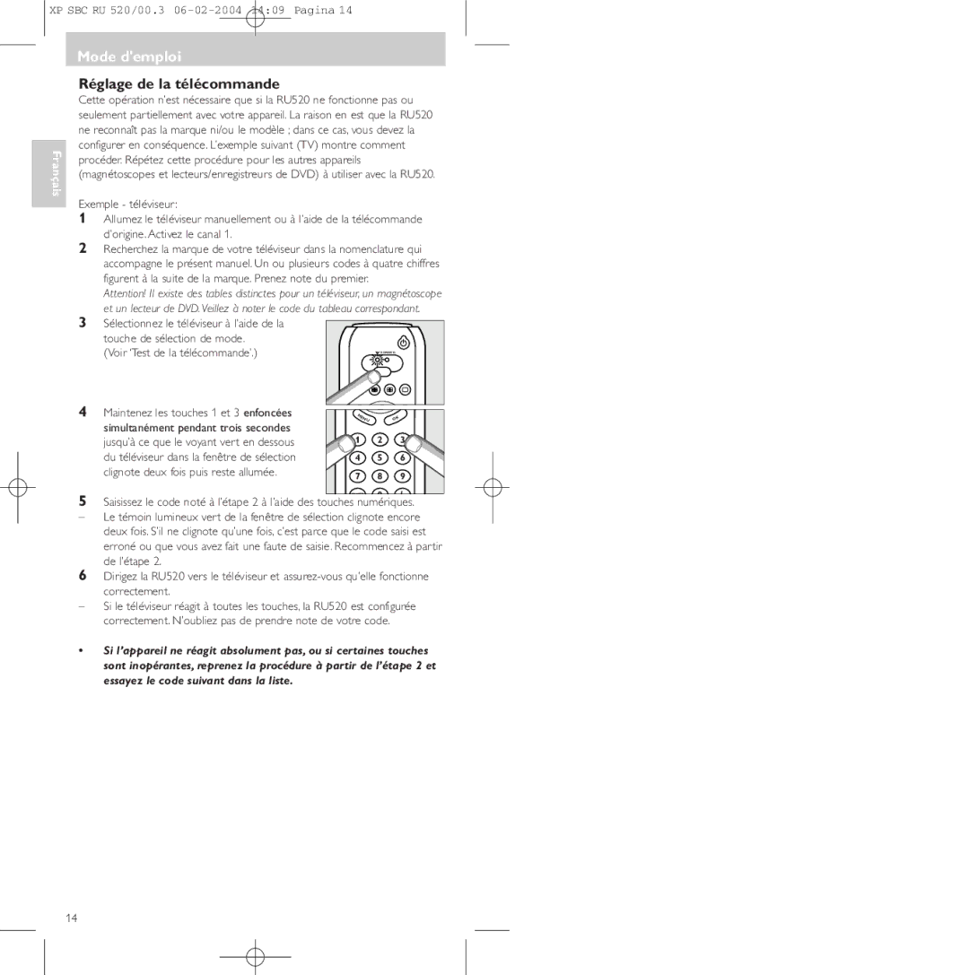 Philips SBC RU 520/00U manual Mode demploi, Réglage de la télécommande 