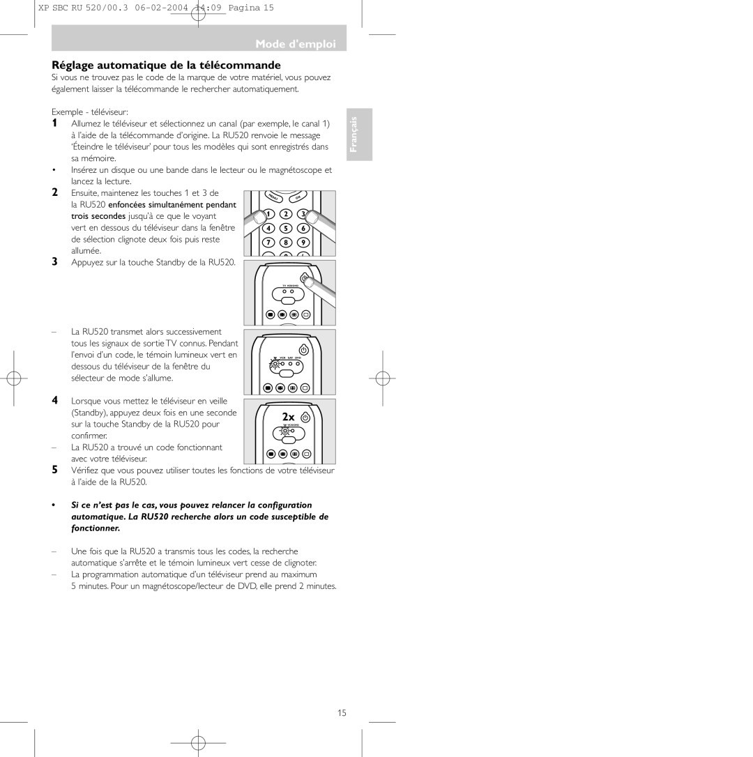 Philips SBC RU 520/00U manual Réglage automatique de la télécommande, Ensuite, maintenez les touches 1 et 3 de 