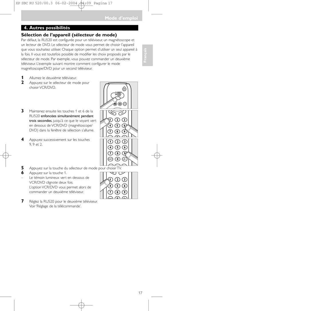 Philips SBC RU 520/00U manual Mode demploi Autres possibilités, Sélection de l’appareil sélecteur de mode 