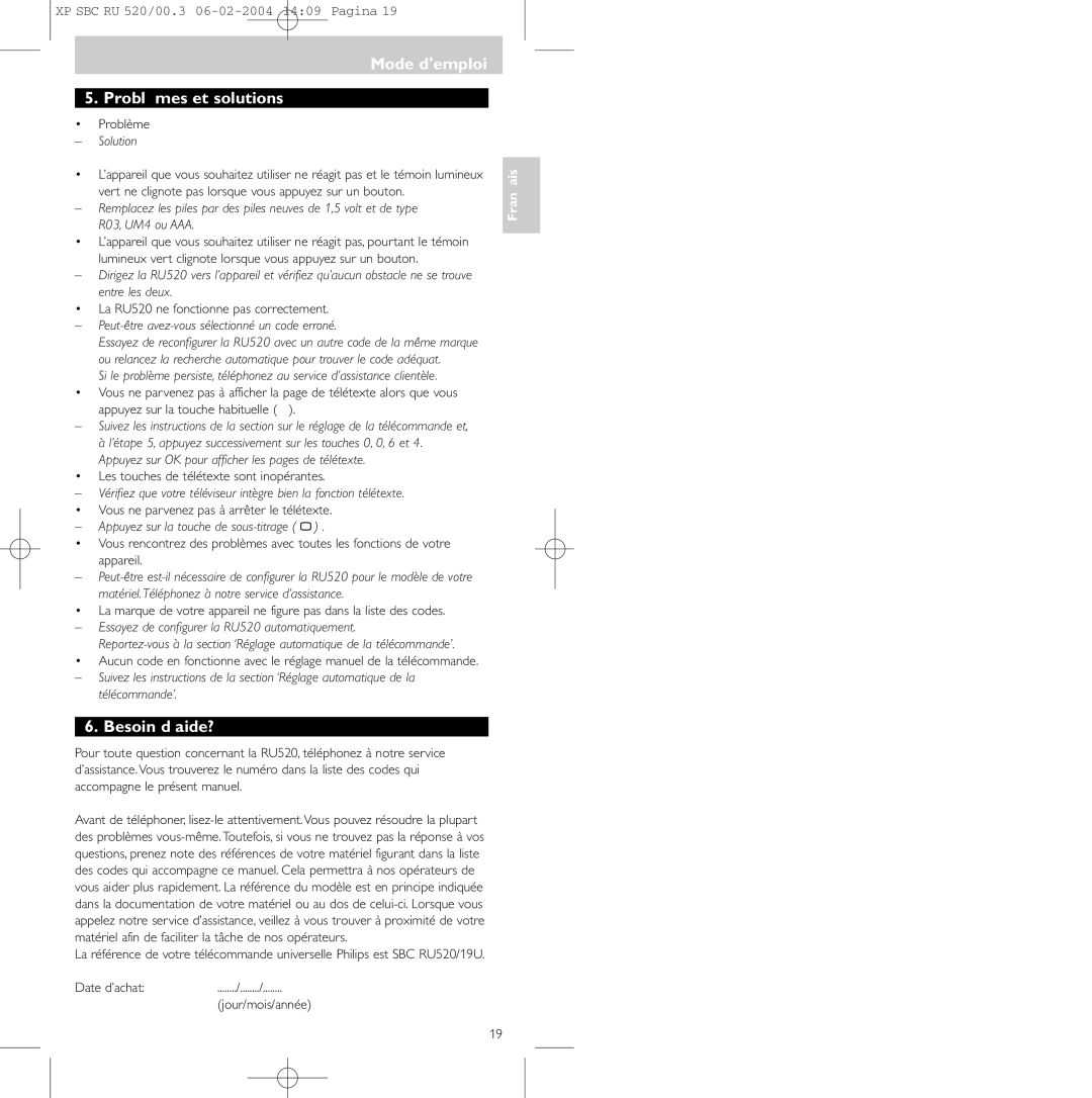 Philips SBC RU 520/00U Mode demploi Problèmes et solutions, Besoin d’aide?, Peut-être avez-vous sélectionné un code erroné 