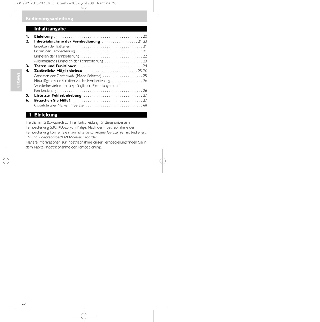 Philips SBC RU 520/00U manual Bedienungsanleitung Inhaltsangabe, Einleitung 
