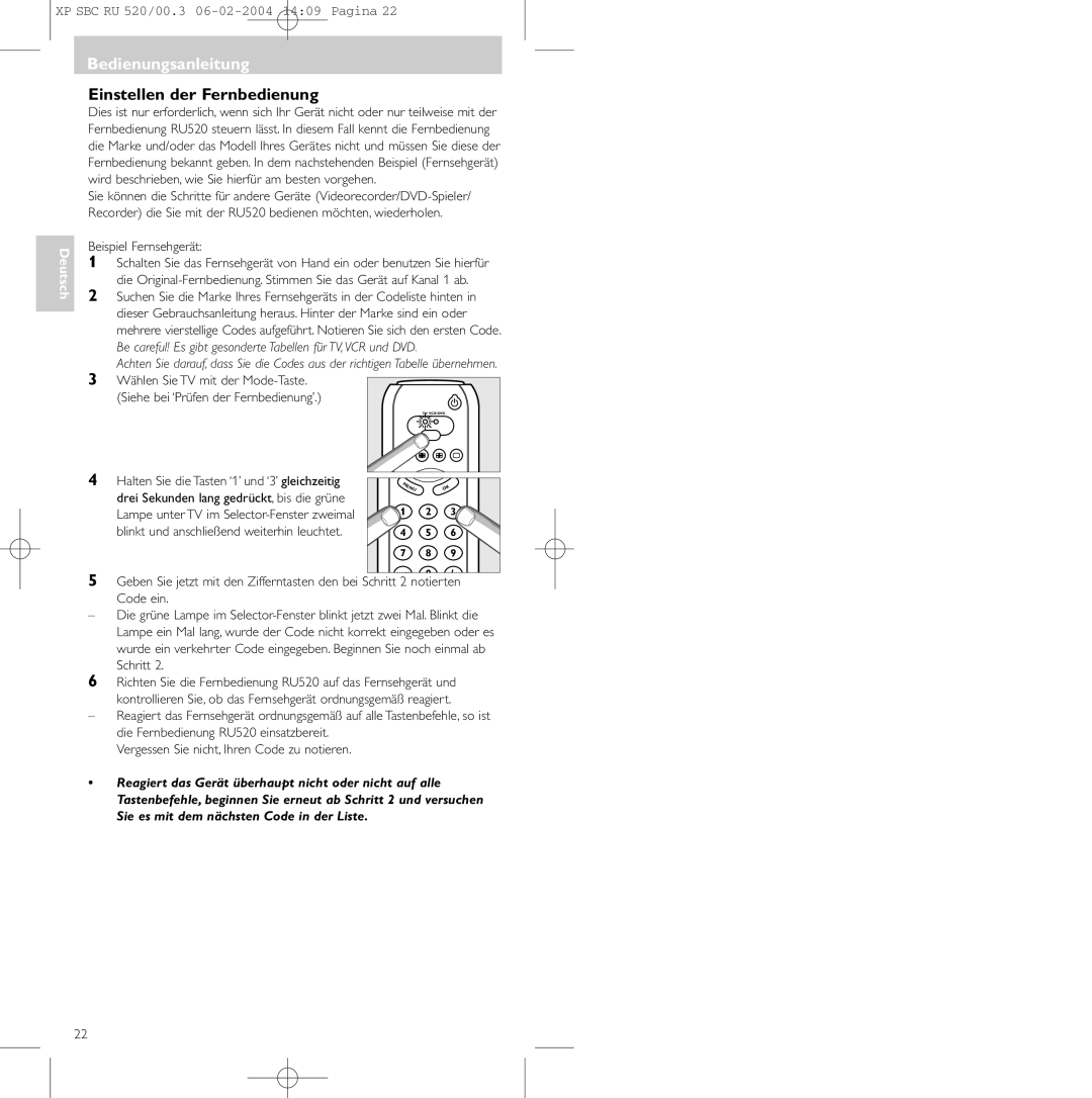 Philips SBC RU 520/00U manual Bedienungsanleitung, Einstellen der Fernbedienung 