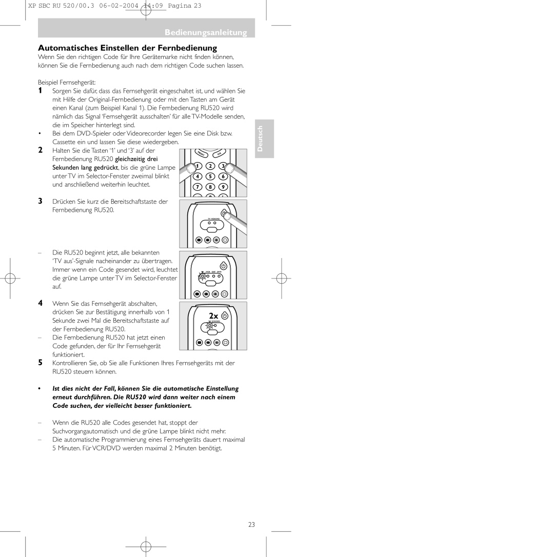 Philips SBC RU 520/00U manual Automatisches Einstellen der Fernbedienung 