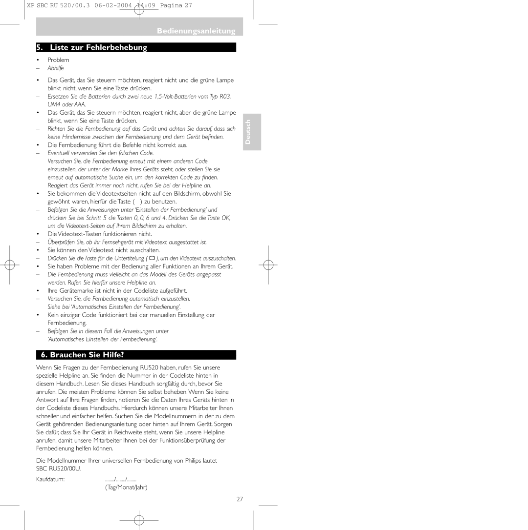 Philips SBC RU 520/00U manual Bedienungsanleitung Liste zur Fehlerbehebung, Brauchen Sie Hilfe?, Abhilfe 