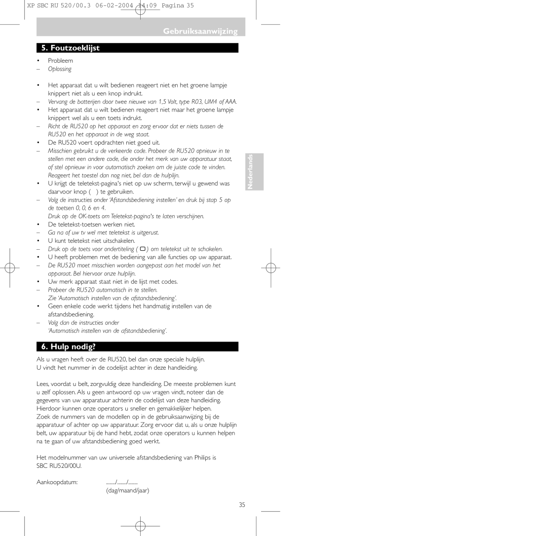 Philips SBC RU 520/00U manual Gebruiksaanwijzing Foutzoeklijst, Hulp nodig?, Oplossing 