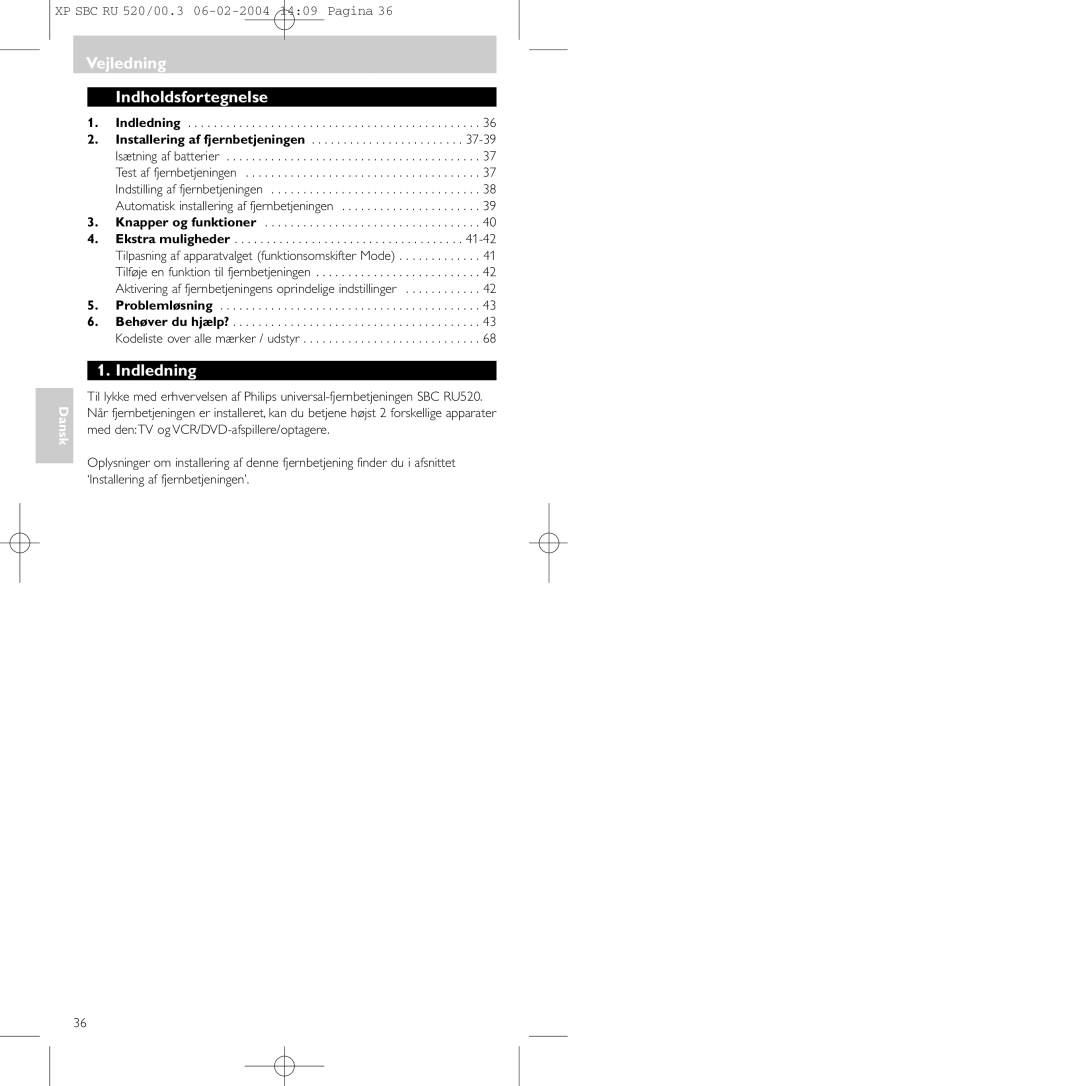 Philips SBC RU 520/00U manual Vejledning Indholdsfortegnelse, Indledning 
