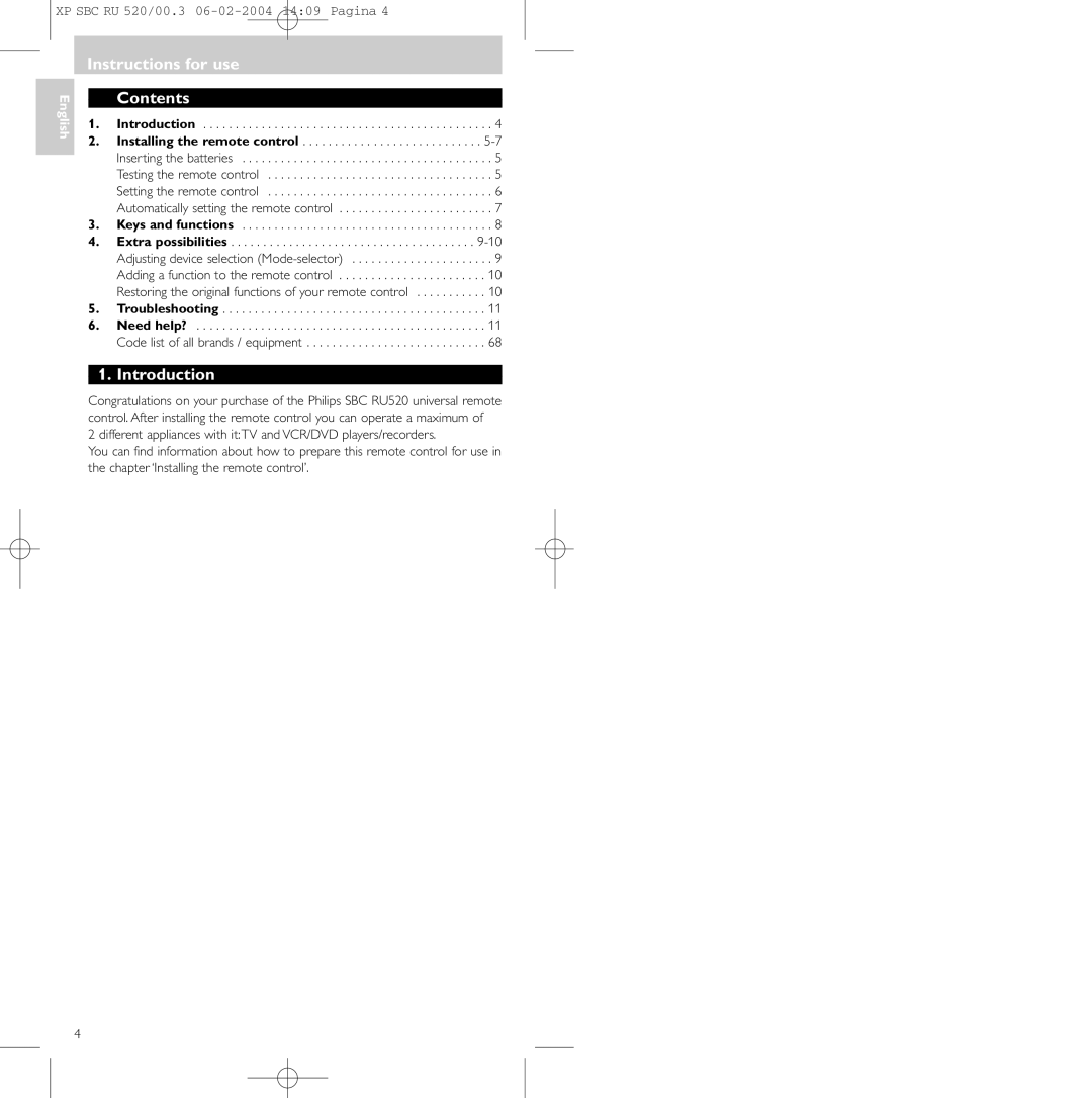 Philips SBC RU 520/00U manual Instructions for use Contents, Introduction 