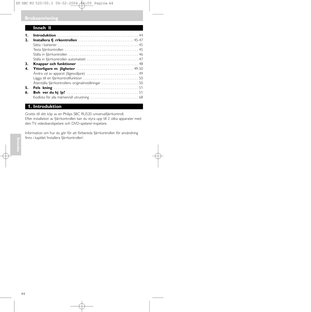 Philips SBC RU 520/00U manual Bruksanvisning Innehåll, Introduktion 