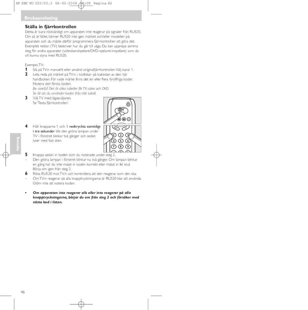 Philips SBC RU 520/00U manual Bruksanvisning, Ställa in fjärrkontrollen 