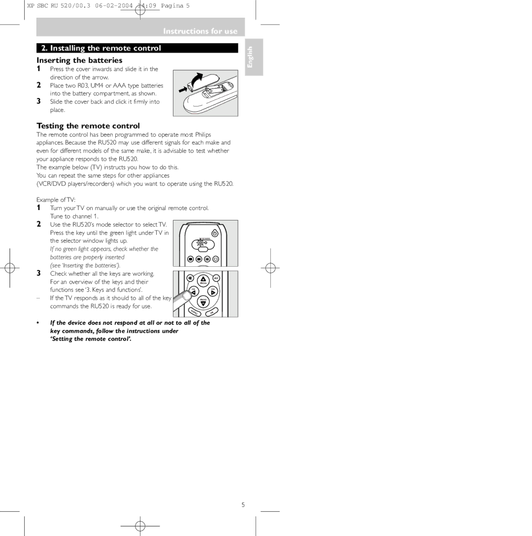 Philips SBC RU 520/00U manual Instructions for use Installing the remote control, Inserting the batteries 