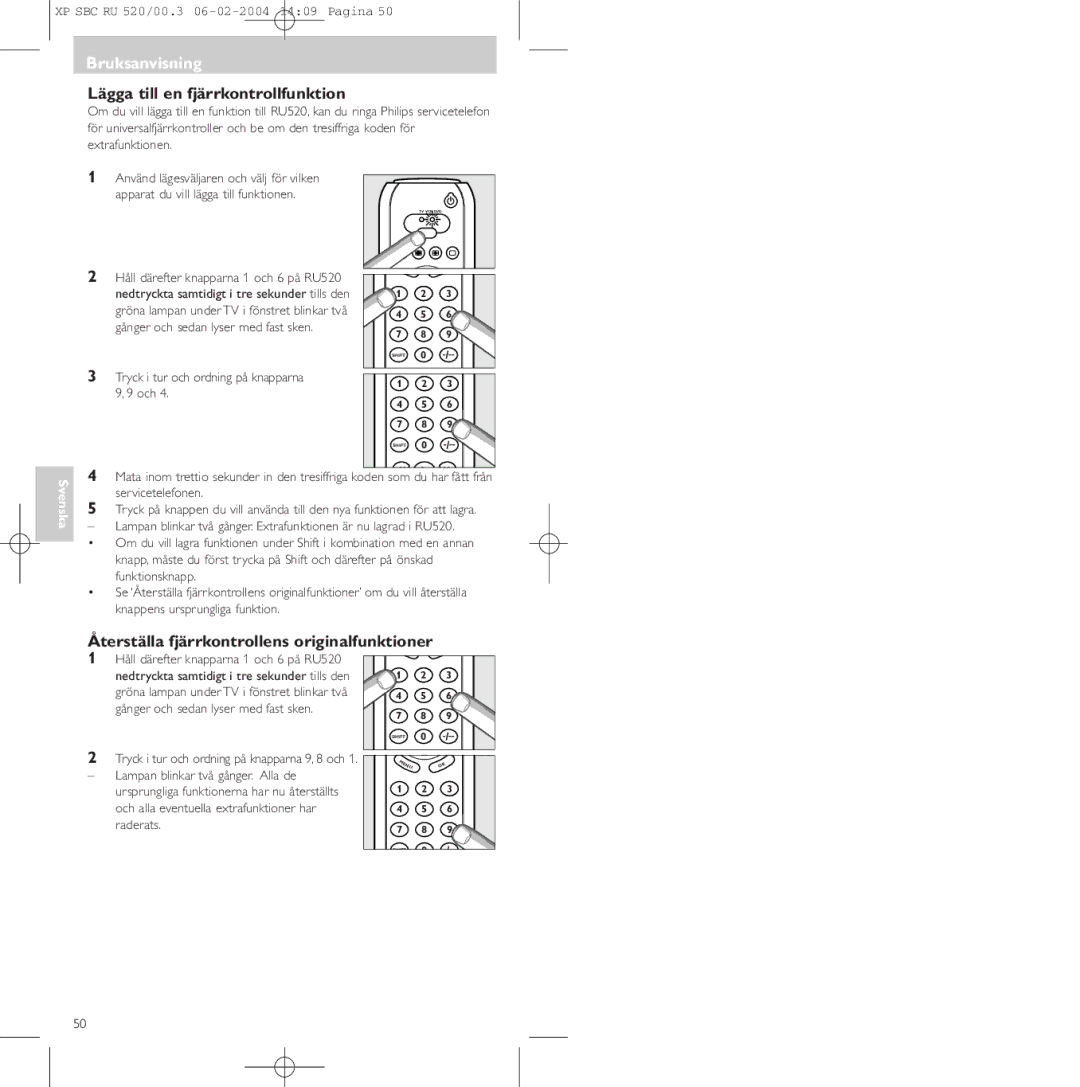 Philips SBC RU 520/00U manual Lägga till en fjärrkontrollfunktion, Återställa fjärrkontrollens originalfunktioner 