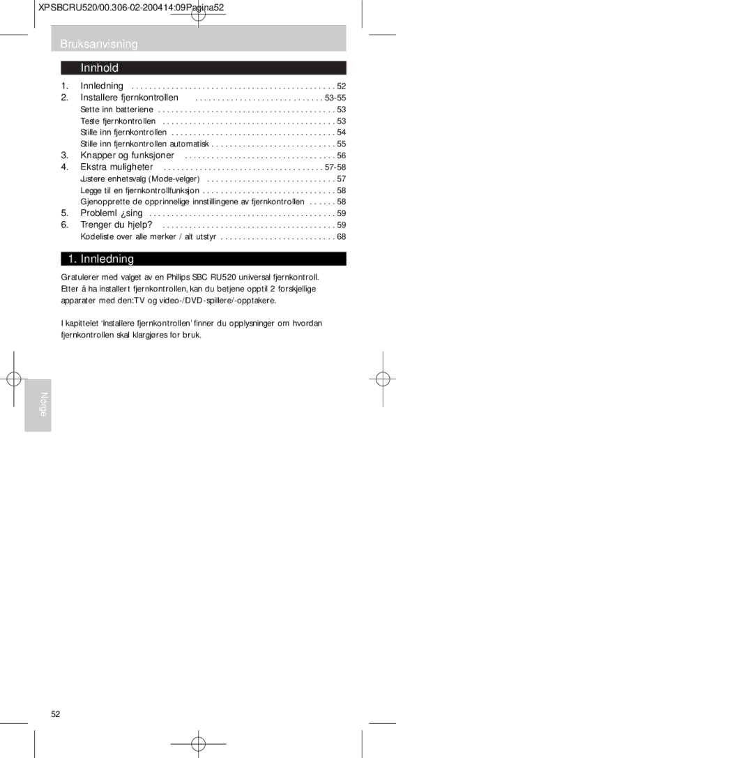 Philips SBC RU 520/00U manual Bruksanvisning Innhold, Innledning 
